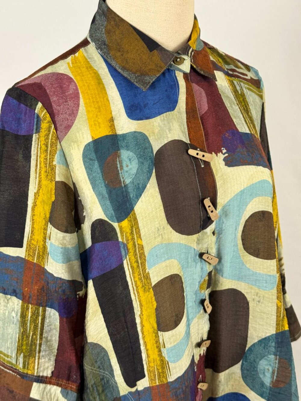 Ali Miles Abstract Geometric Button Down Tunic Top Artsy Art to Wear Earth Tones - Picture 8 of 10